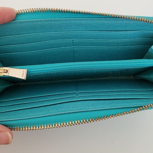 Furla Italian Zip Around Wallet Large Geniue Leather Tiffany Blue Designer Logo - Picture 4 of 10